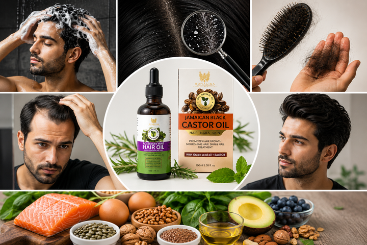 Hair growth and scalp care routine for men featuring rosemary mint hair oil, dandruff control, and healthy hair habits.