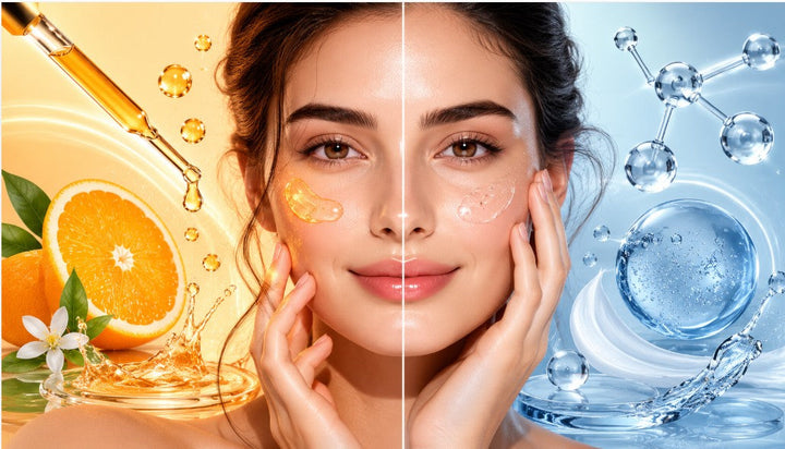 Split-face skincare image showing Vitamin C brightening benefits on one side and Niacinamide hydration and skin barrier support on the other.