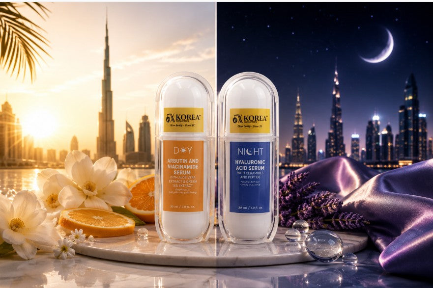 Day vs night skincare routine for glowing skin featuring hydrating day serum and overnight repair serum to support healthy, radiant skin.