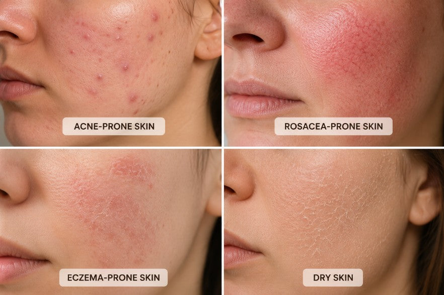 Collage comparing common skin conditions including acne-prone skin, rosacea-prone skin, eczema-prone skin, and dry skin with visible symptoms and skin texture differences.