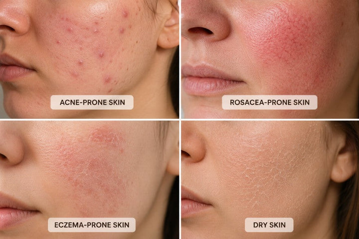 Collage comparing common skin conditions including acne-prone skin, rosacea-prone skin, eczema-prone skin, and dry skin with visible symptoms and skin texture differences.