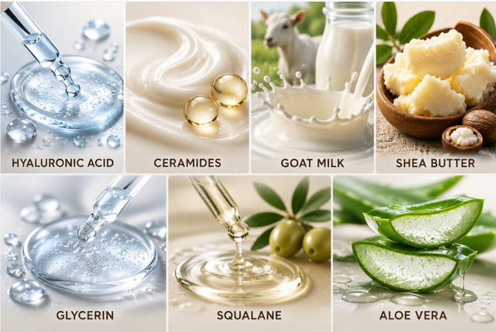 Best moisturizing ingredients for dry skin including hyaluronic acid, ceramides, goat milk, shea butter, glycerin, squalane, and aloe vera.