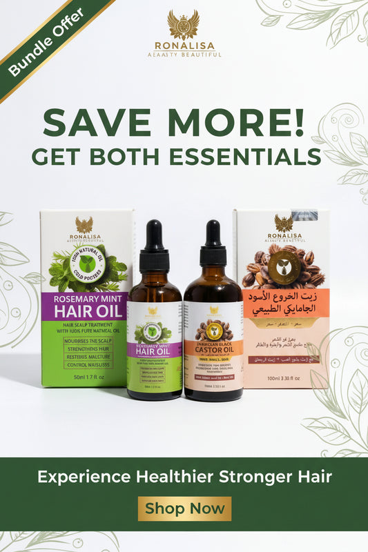 Two hair oil bottles with their respective boxes on a white background